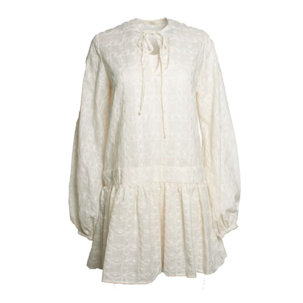 Matin, ecru embroidered dress with ruffles